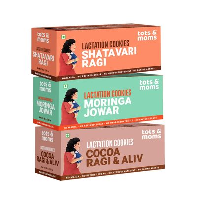 Tots & Moms Shatavari Ragi, Moringa & Jowar, Cocoa Ragi & Aliv Lactation Cookies Boosts Lactation, Immunity & Postpartum Recovery | Rich in antioxidants | No Refined Sugar or Preservatives | Pack of 3-150g each