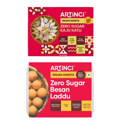 Artinci Sugar-Free Kaju Katli & Besan Laddu Combo | Low Carb & Low GI Indian Mithai | Diabetic Friendly, No Added Sugar | Healthy Sweets Made with Premium Ingredients
