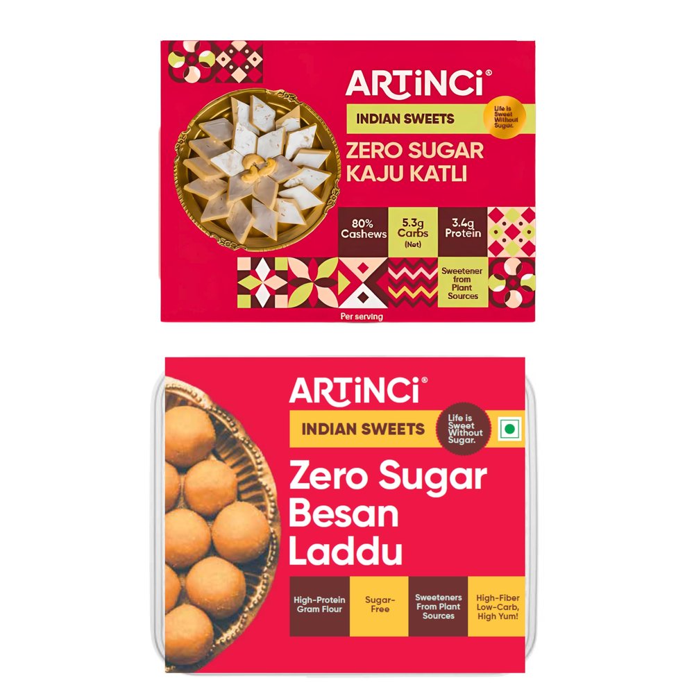 Artinci Sugar-Free Kaju Katli & Besan Laddu Combo | Low Carb & Low GI Indian Mithai | Diabetic Friendly, No Added Sugar | Healthy Sweets Made with Premium Ingredients