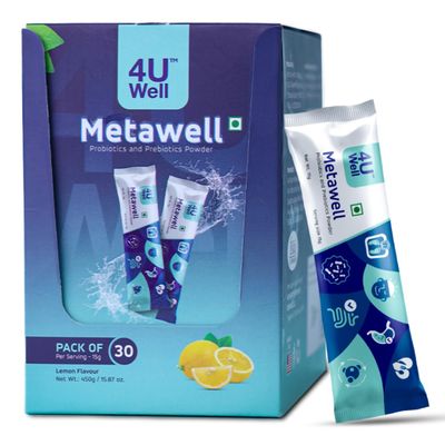 4UWell Metawell | Probiotics & Prebiotics Powder | Lemon Flavour | Gut Health Supplements | Aids Digestion & Improve Metabolism | 15G Per Serving | Pack of 30 Sachets