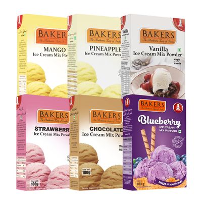 Bakers Kids Ice Cream Powder Combo (6 x 100g) - Strawberry, Chocolate, Blueberry, Mango, Pineapple & Vanilla | Fun & Colorful | Summer Special | Vegan-Friendly | Ready in 10 Mins | No Preservatives | Homemade Ice Cream Mix