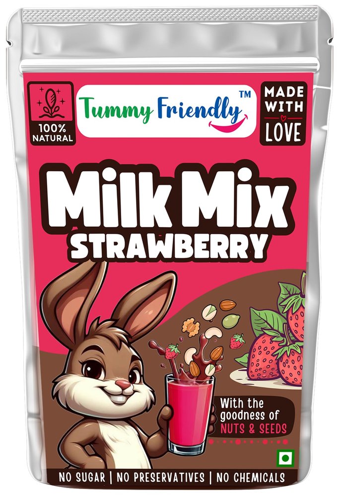 Tummy Friendly Chocolate Milk Mix for kids. Made of nuts, seeds. Healthy milk mix for 1 year old baby, toddlers, 2 year, 3 year old baby. kids chocolate milk powder mix - 100g Trial (100g, Strawberry)