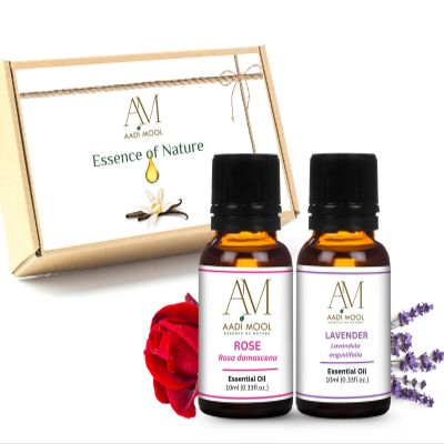 Aadi Mool Rose and Lavender Essential Oil Pack of 2 Natural Aromatherapy Oil for Relaxation, Hair & Skin Care, Diffuser Use (10ml Each)