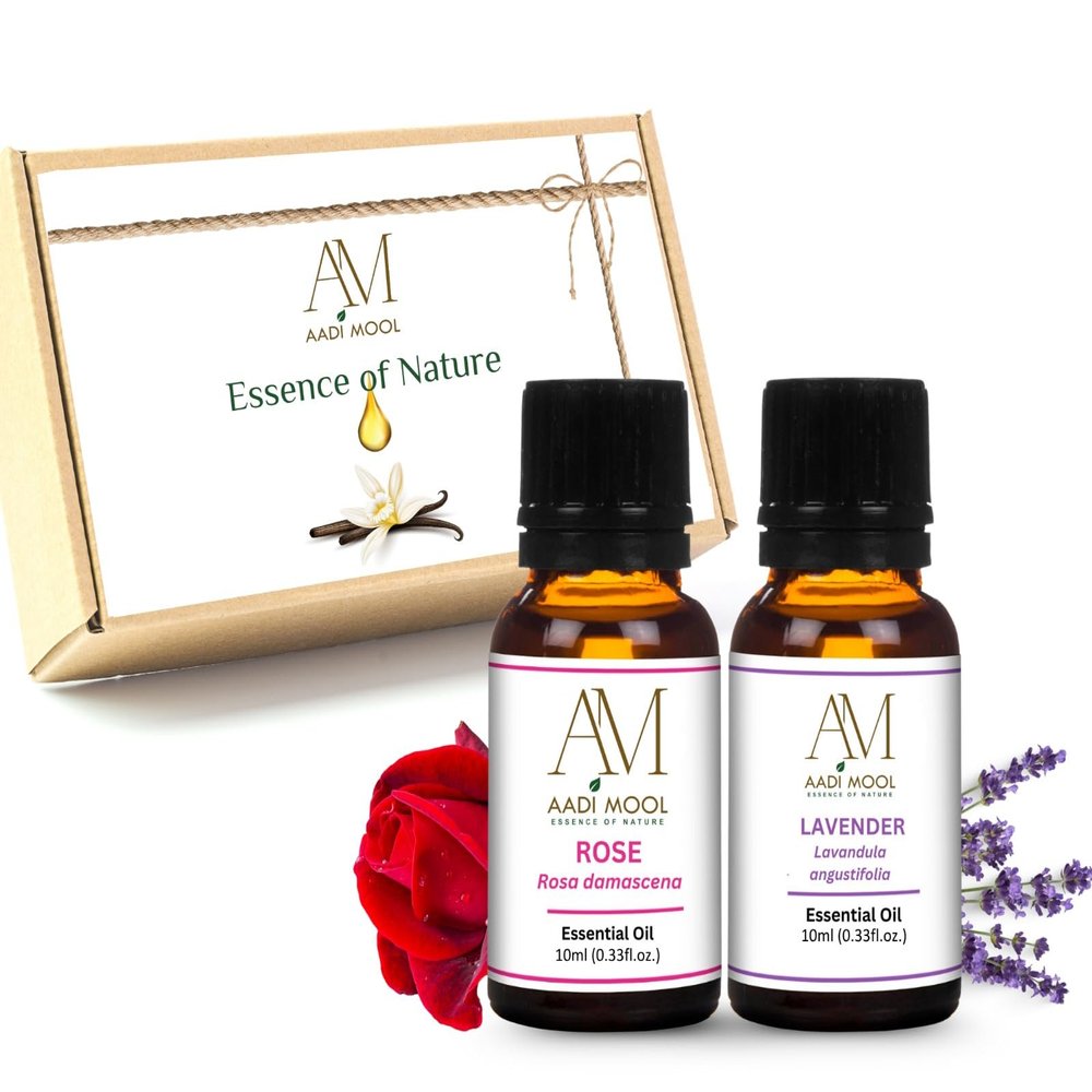 Aadi Mool Rose and Lavender Essential Oil Pack of 2 Natural Aromatherapy Oil for Relaxation, Hair & Skin Care, Diffuser Use (10ml Each)