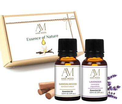Aadi Mool Sandalwood and Lavender Essential Oil for Aromatherapy, Diffuser, Massage, Skin and Hair Care Pack Of 2-10ML Each