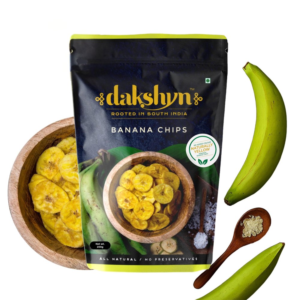 Dakshyn Nendran Yellow Banana Classic Satled Wafer Chips (200g x Pack of 4) | Jain Snacks No Onion No Garlic | Oil Free Snacks | Healthy, Gluten Free, Vegan, Plant Based | Kerela Banana Salted Chips