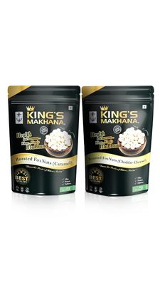 BIG SIZE Kings Makhana Roasted Crunchy Foxnuts  Caramel & Cheddar Cheese Combo | 2 Flavors | Healthy Crunchy Snacks | Gluten-Free, Nut-Free 60g Each Premium Makhana in Zip-Lock Resealable Pouches for Lasting Freshness