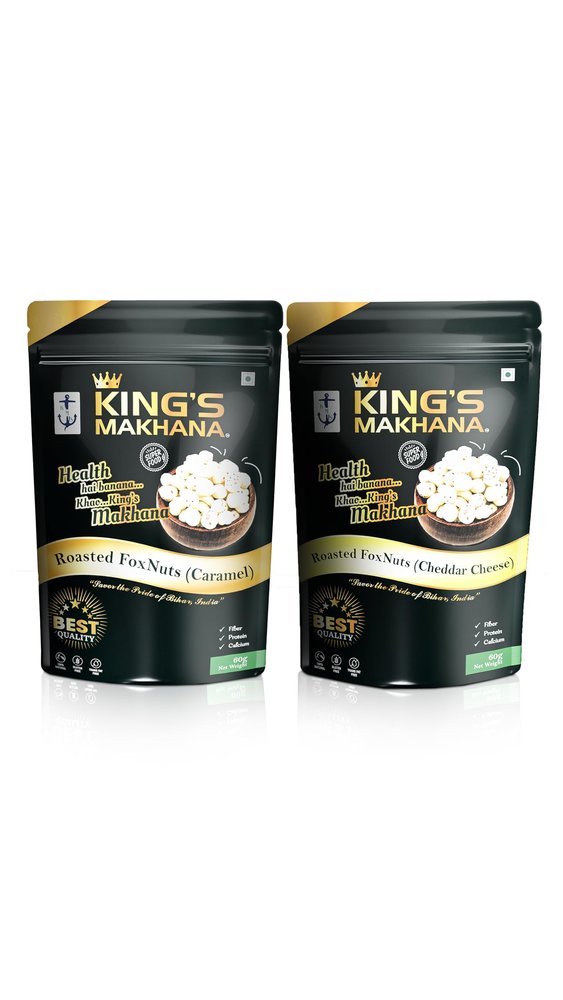 BIG SIZE Kings Makhana Roasted Crunchy Foxnuts  Caramel & Cheddar Cheese Combo | 2 Flavors | Healthy Crunchy Snacks | Gluten-Free, Nut-Free 60g Each Premium Makhana in Zip-Lock Resealable Pouches for Lasting Freshness