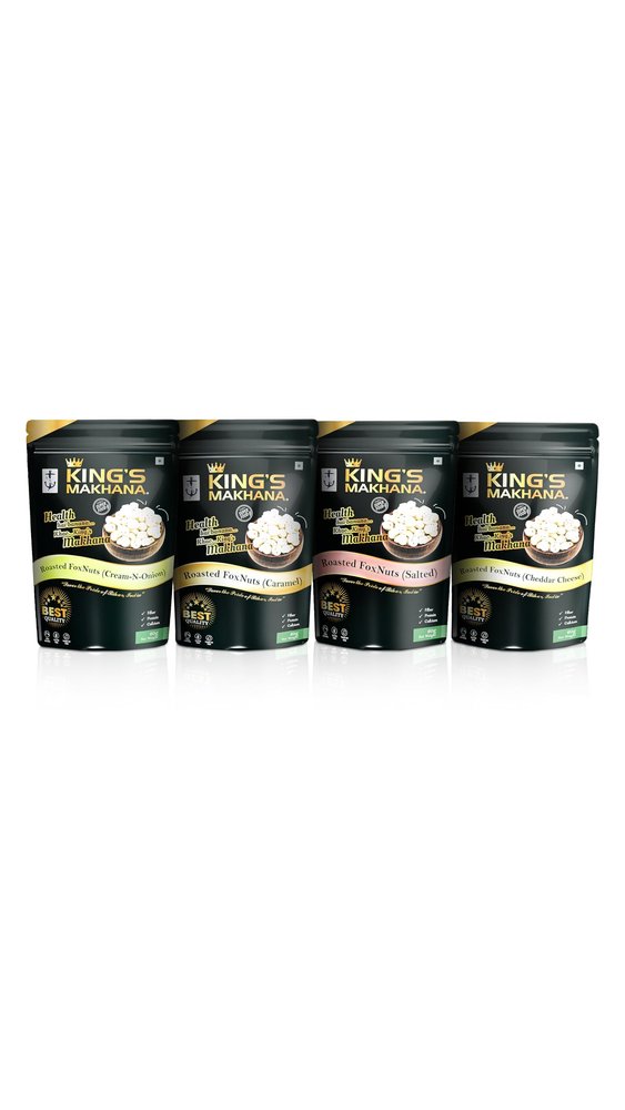 BIG SIZE Kings Makhana Flavored Combo Makhana | 4 Gourmet Flavors Cream-N-Onion, Salted, Caramel, Cheddar Cheese (60g Each) | Resealable Zip-Lock Packs for Freshness & Crunch