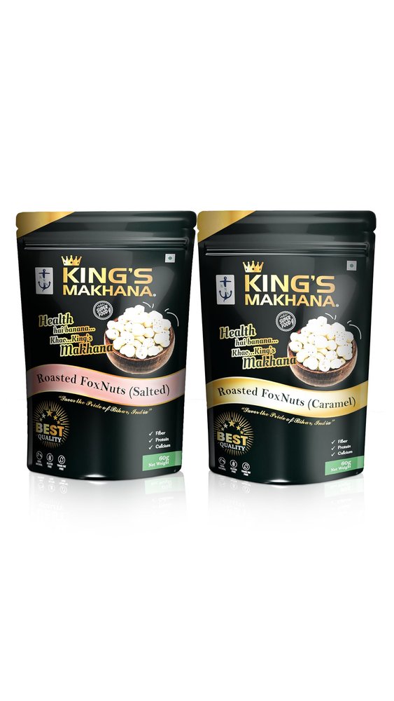 BIG SIZE Kings Makhana Roasted Crunchy Fox Nuts Salted & Caramel Flavors | Healthy Snack Combo 60g Each |Premium Makhana in Zip-Lock Resealable Pouches for Lasting Freshness