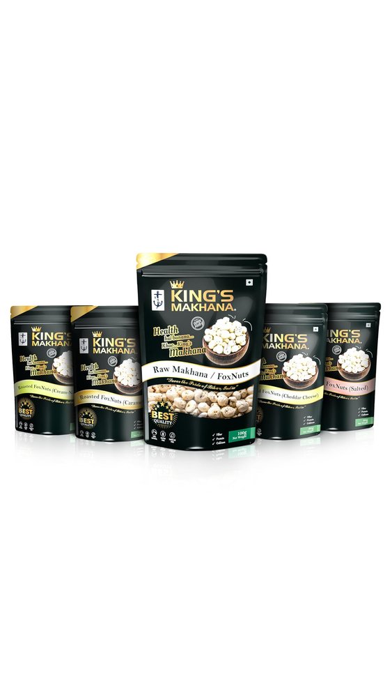 BIG SIZE King's Makhana  Raw & Roasted Fox Nuts Combo | Cream-N-Onion, Salted, Caramel, Cheddar Cheese & Raw Makhana |Combo Pack  4 Flavored Packs (60g Each) 1 Classic Raw Pack (100g)| in Zip-Lock Resealable Pouches for Lasting Freshness