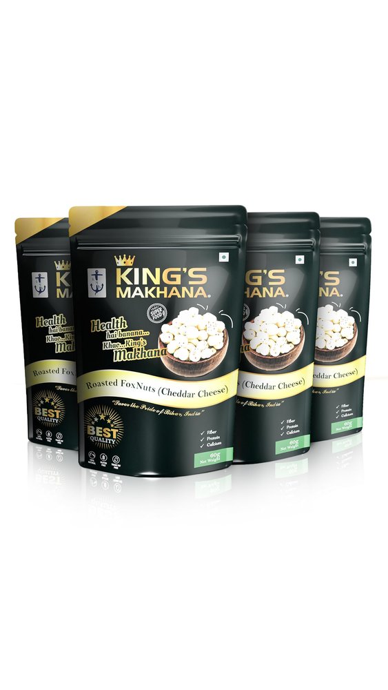 BIG SIZE Kings Makhana Roasted Crunchy Foxnuts (Cheddar Cheese, 60g each) | Savory Cheese Flavored Snack | Roasted, Gluten-Free, Vegan |Premium Makhana in Zip-Lock Resealable Pouches for Lasting Freshness