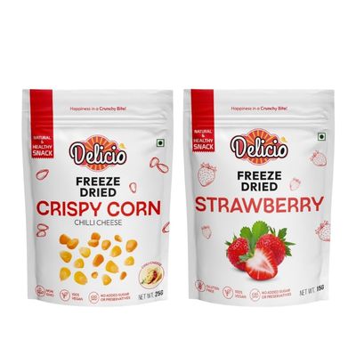 DELICIO Freeze-Dried Crispy Corn Chili Cheese (25g) & Strawberry Cubes (15g) Combo | 100% Natural, Vegan, Gluten-Free | No Preservatives, No Added Sugar | Healthy Snacks for Kids & Adults
