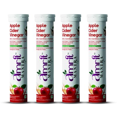 Amrit Mantra| Apple Cider Vinegar Tablets with L-Carnitine, 750mg ACV, Lime & Lemon Flavour, 15 Effervescent Tablets (4, Lemon)