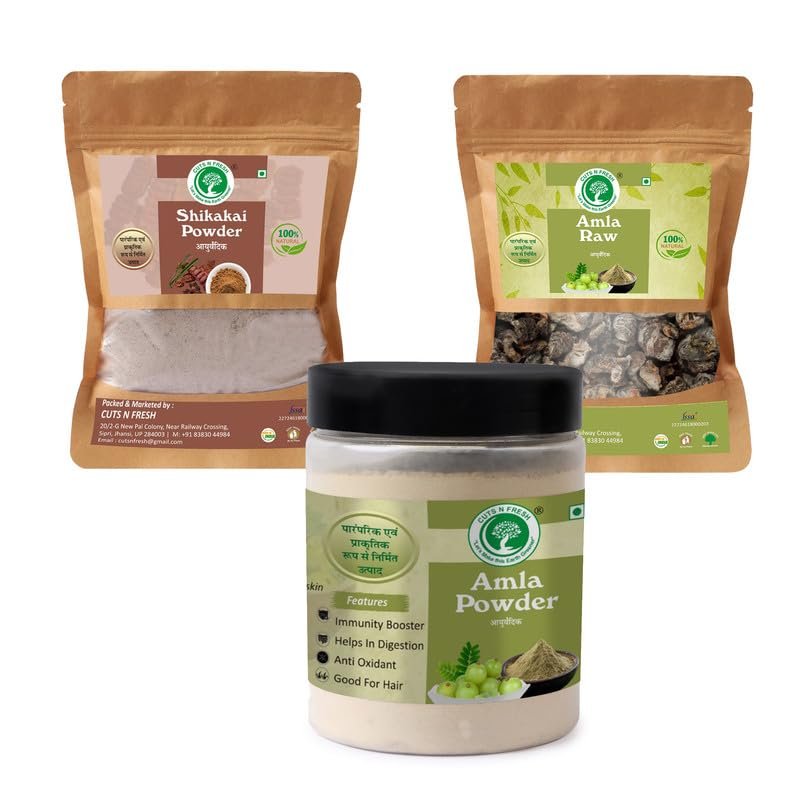 CUTS N FRESH Natural care from nature Pure Shikakai Powder, Amla Powder in Plastic And Pure Double Filtered Amla Raw 150GM