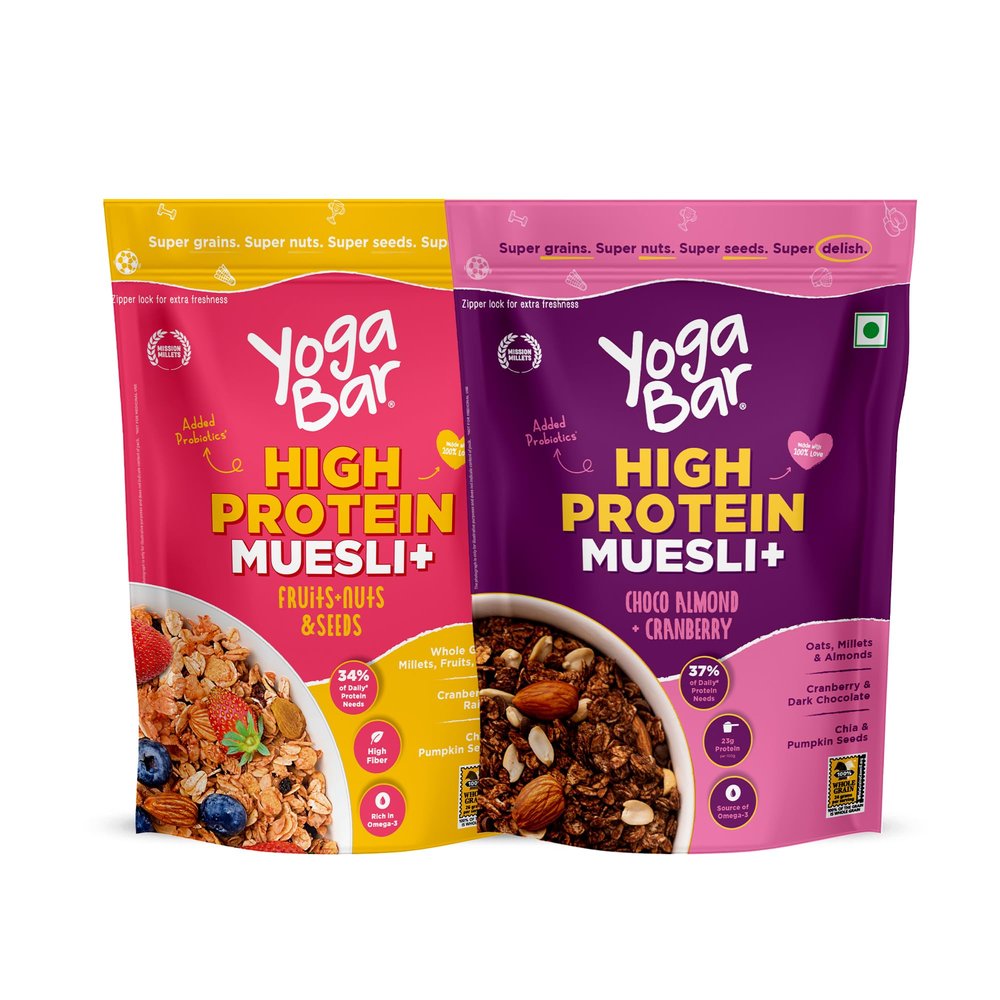Yogabar Super Protein Muesli Combo | Fruits & Nut 850gm | Chocolate almond Cranberry 850gm | High in Omega 3, Gluten Free Granola with Chia and Flax Seeds| 25% Dry Fruits, Nuts and Seeds | Healthy Breakfast Cereals | Gluten Free | Antioxidant Rich |