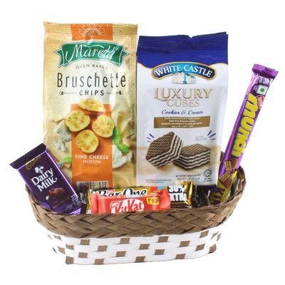 Premium Designer Basket With Imported Bruschette and Wafer Cubes Gift Hamper, Gift For Birthday, Diwali, Rakhi, Holi
