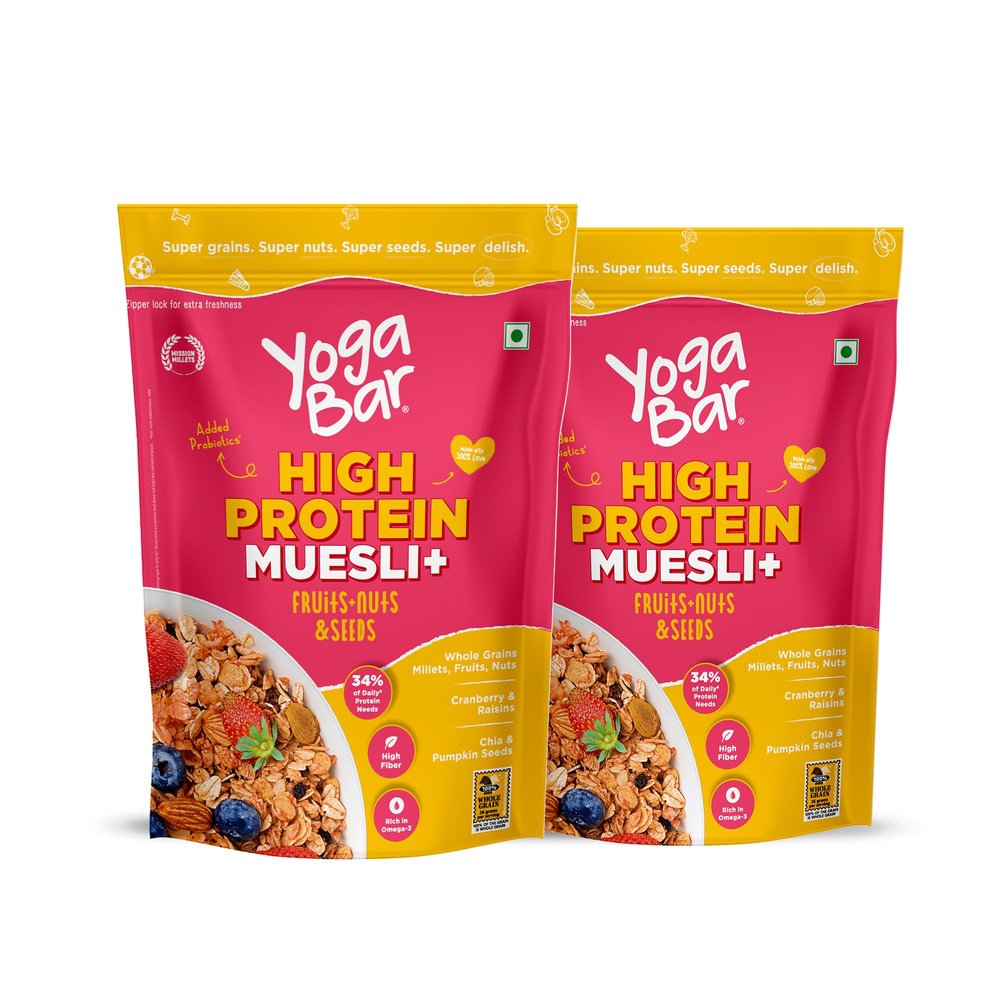 Yogabar High Protein Muesli Fruits & Nut 850Gm Pack of 2, 22G Protein | Packed With Apple, Almonds, & Super Seeds| Best High Protein Breakfast Cereal For Energy & Nutrition