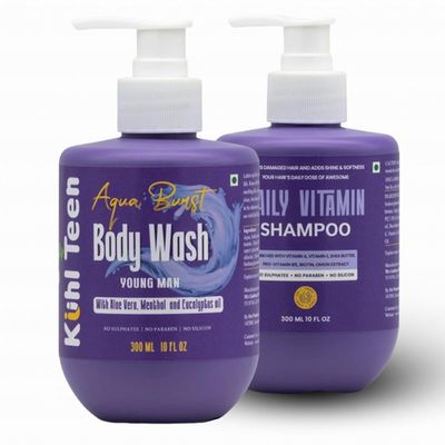 Khl Teen Aqua Burst Body Wash& Daily Vitamin Shampoo Combo| Hair& Body Care for Boys| For Dry, Frizzy & Weak Hair| Odour Free| Cool & Clean Combo| Sulphate & Paraben-Free| 2x300ml
