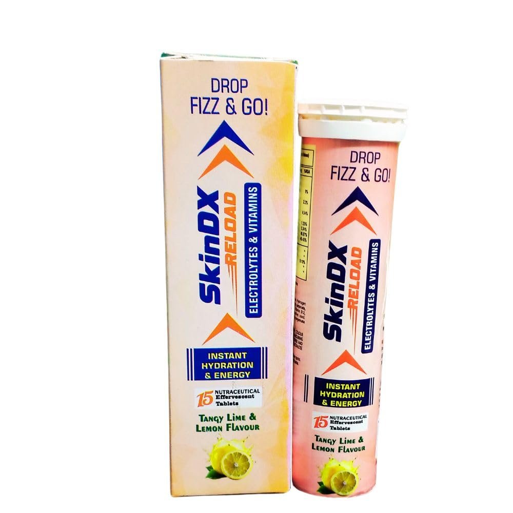 SkinDX Reload Instant Hydration & Energy Tablets, Tangy Lime & Lemon Flavour, 3 * 15 Effervescent Tablets with Electrolytes & Vitamins
