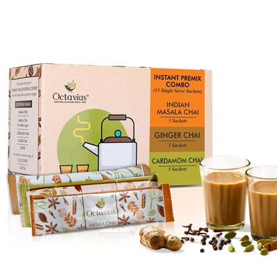Octavius 3 in 1 Instant Tea Premix Assorted Pack of 15 Sachets | Masala Chai, Ginger Tea & Cardamom Tea | Ready to Drink Chai Powder | Quick & Easy Single Serve Pouches | No need to add milk or sugar.