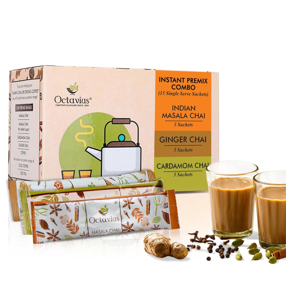 Octavius 3 in 1 Instant Tea Premix  Assorted Pack of 15 Sachets | Masala Chai, Ginger Tea & Cardamom Tea | Ready to Drink Chai Powder | Quick & Easy Single Serve Pouches | No need to add milk or sugar.