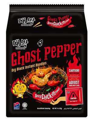 Daebak Ghost Pepper Korean Ramen Dry Black Instant Noodles Spicy Chicken Flavour 131g X 4 Pack