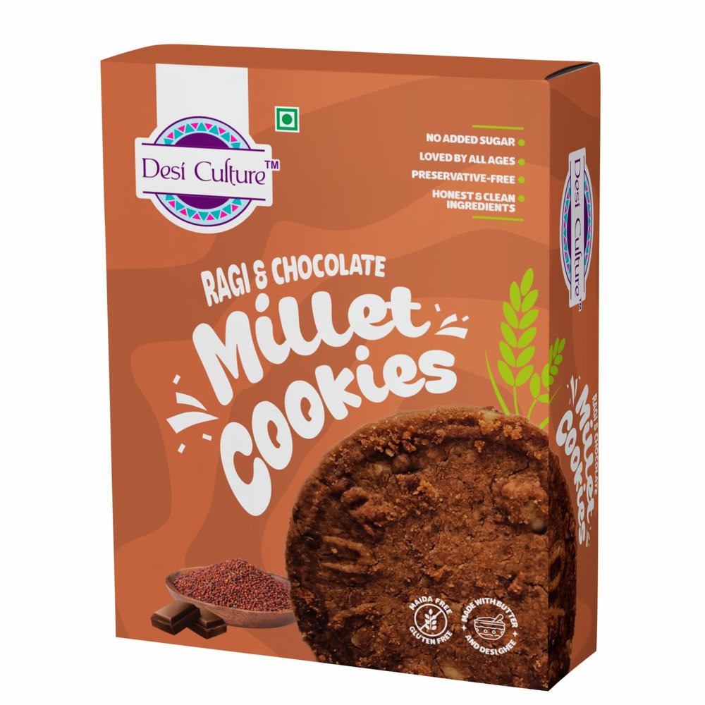 Desi Culture Ragi & Chocolate Millet Cookies | No Maida, No Palm Oil, No Refined Sugar | Jaggery Sweetened Healthy Biscuits | Gluten-Free, High Fibre | Eggless Vegetarian Tea Time Snack | 200 g