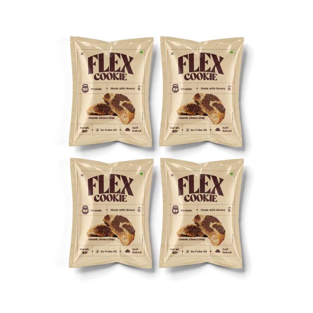 Flex Cookie - High Protein Cookie | Classic Choco Chip - 21g Protein, No Palm Oil, Made With Honey, Couverture Chocolate, Soft Baked, No Preservatives | Protein Cookie for Muscle Gain, Keto & Fitness - Pack of 4