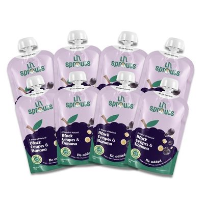 Li'l Sprouts FruGies Black Grapes, Banana | Baby Food Puree| 6 Months+| Ready-to-Eat | Infant Travel Food | Pack of 8, 100g each | 100% Natural, No Salt, No Sugar and No Preservatives | Packed with Nutrients
