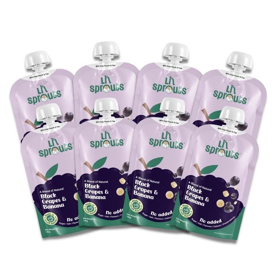 Li'l Sprouts FruGies Black Grapes, Banana | Baby Food Puree| 6 Months+| Ready-to-Eat | Infant Travel Food | Pack of 8, 100g each | 100% Natural, No Salt, No Sugar and No Preservatives | Packed with Nutrients