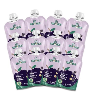 Li'l Sprouts FruGies Black Grapes, Banana | Baby Food Puree| 6 Months+| Ready-to-Eat | Infant Travel Food | Pack of 12, 100g each | 100% Natural, No Salt, No Sugar and No Preservatives | Packed with Nutrients | Ready-to-Eat