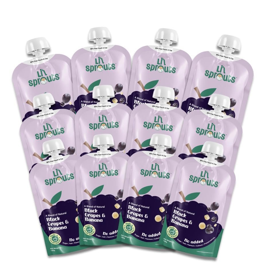 Li'l Sprouts FruGies Black Grapes, Banana | Baby Food Puree| 6 Months+| Ready-to-Eat | Infant Travel Food | Pack of 12, 100g each | 100% Natural, No Salt, No Sugar and No Preservatives | Packed with Nutrients | Ready-to-Eat