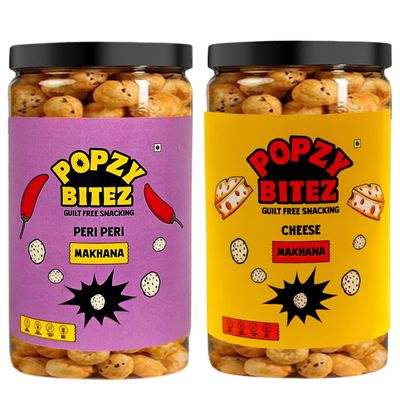 Popzy Bitez Guilt-Free Roasted Makhana | Crunchy & Healthy Snack for Anytime Munching | Delicious Cheese & Spicy Peri Peri Flavors | High Protein, Low Calorie, Gluten-Free, Vegan-Friendly Superfood Snack (70g(per jar), Cheese & Peri Peri)