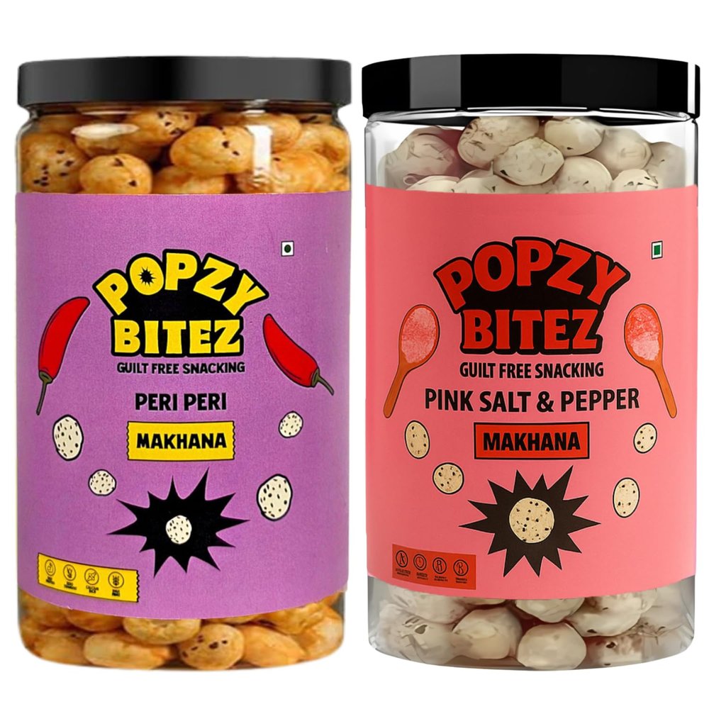 Popzy Bitez Guilt-Free Roasted Makhana | Crunchy & Healthy Snack for Anytime Munching | Delicious Cheese & Spicy Peri Peri Flavors | High Protein, Low Calorie, Gluten-Free, Vegan-Friendly Superfood Snack (70g (Per jar), Peri Peri & Pink Salt)