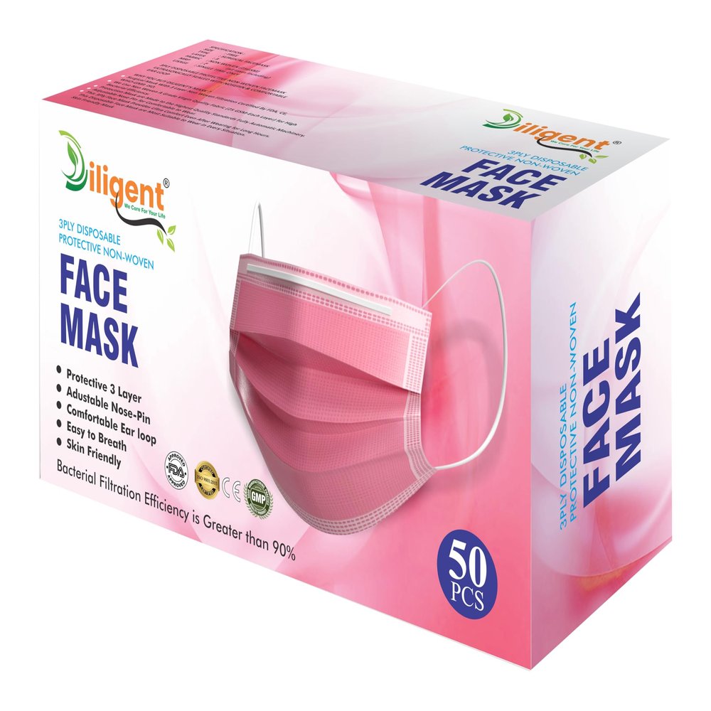 Diligent- We Care For your Life Disposable 3-Layer Protective Face Mask for Adults | Non-Woven Surgical Mask with Adjustable Nose Strip & Soft Ear Loops | High Bacterial Filtration | Pack of 50-Pink