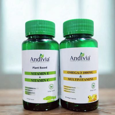 Andivia Plant Based Vitamin E & C and Omega-3 1000mg Multivitamins Softgel Capsules, Pack of 2, 60 Capsules Each