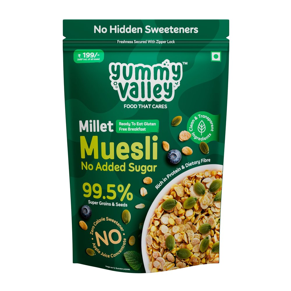 Yummy Valley Millet Muesli No Added Sugar 240g  Ideal for Breakfast, Salads, Crunchy Snacks  Non-Gluten High Fiber Museli - Cholesterol & Trans Fat Free  No Added Preservatives