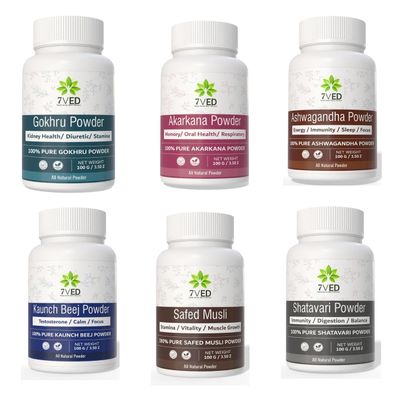 7VED Herbal Combo Pack Gokhru, Akarkara, Ashwagandha, Kaunch Beej, Safed Musli & Shatavari Powder 6 x 100g Each | Ayurvedic Health & Wellness Pack | 100% Pure & Natural