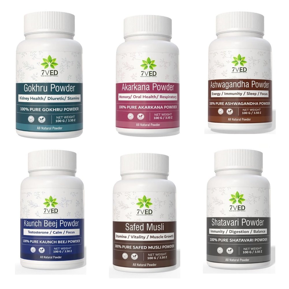 7VED Herbal Combo Pack  Gokhru, Akarkara, Ashwagandha, Kaunch Beej, Safed Musli & Shatavari Powder  6 x 100g Each | Ayurvedic Health & Wellness Pack | 100% Pure & Natural