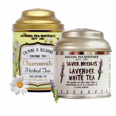 Sancha Tea Boutique, Chamomile Herbal (50g) & Lavender White (25g), Pure Silver Needle Loose Leaves, Calming & Relaxing Floral Tisanes