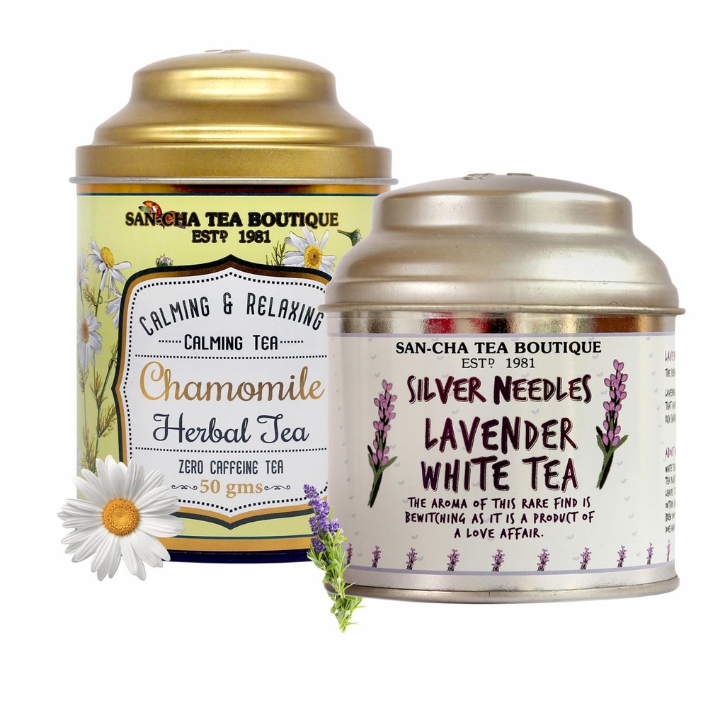 Sancha Tea Boutique, Chamomile Herbal (50g) & Lavender White (25g), Pure Silver Needle Loose Leaves, Calming & Relaxing Floral Tisanes