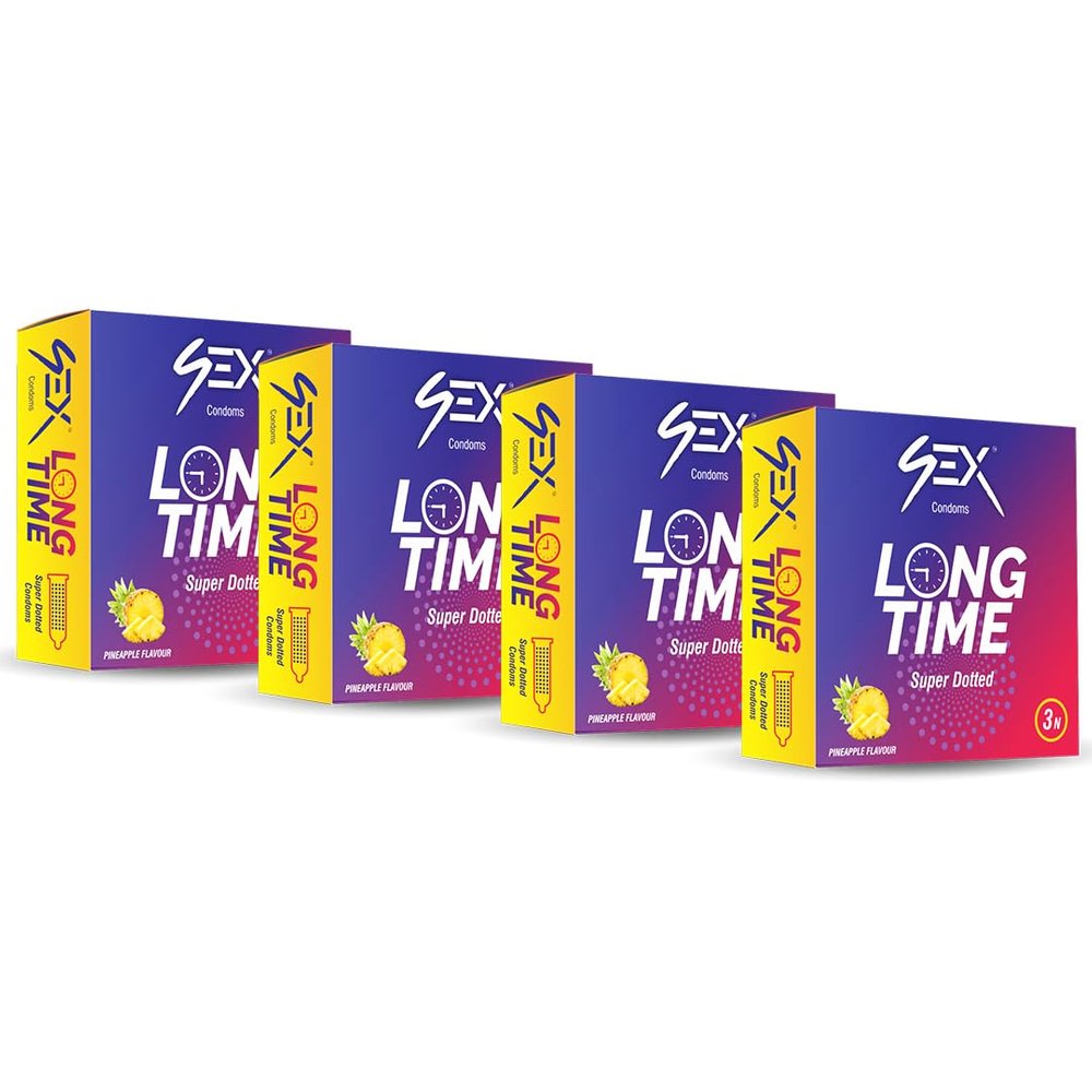 4EX Condoms for Men (Pack of 4) | Pineapple Flavor | Long Time | Super Dotted | Extra Lubricated | Electronically Tested | Disposable Pouches (3 Condoms Per Pack)