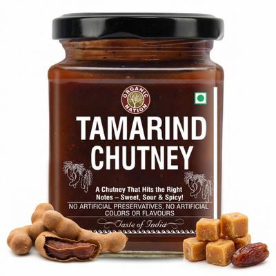 ORGANIC NATION Rich & Authentic Tamarind Chutney - Delicious Imli Chutney, Perfect Tamarind Sauce for Snacks, Natural Ingredients, Sweet & Tangy Tamarind Sweet Condiment - 300g, No Preservatives