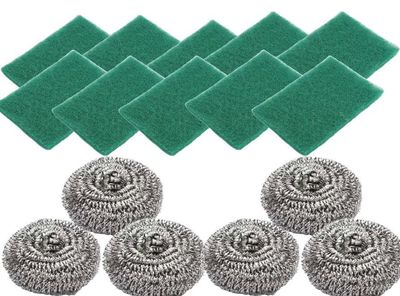 Kitchen Cleaning Set, 6 Stainless Steel Scouring Balls with 10 Green Scrubbing Pads, for Pot Pan Dish Wash Cleaning for Removing Rust Dirty Cookware