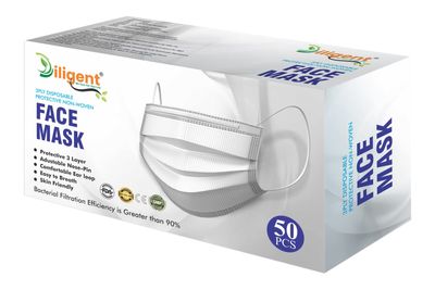 Diligent- We Care For your Life White Non-Woven Fabric 3 Layer Surgical Disposable Certified Face Mask With Nose Clip and Soft Ear loop (White-50 Masks) For Men & Women