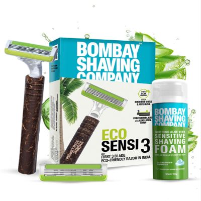 Bombay Shaving Company Eco Sensi 3 Razor and Sensitive Shaving Foam Combo | 3 Blades Shaving Razor For Men | 1 Handle with 2 Cartridge blades | Sensitive Shaving Foam, 50g