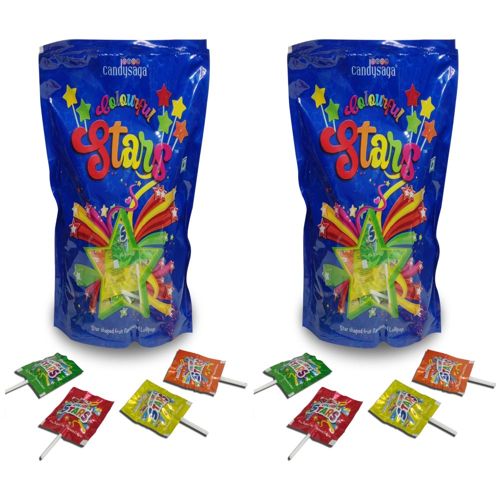 Candysaga Fruit Flavoured Star Shaped Lollipops (Assorted) Set of 2 Packets | 50 Pieces Lollipops Each Packets | Birthday | Return Gift - 480 Grm