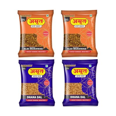 AMRUT Mukhwas Combo  Alsi Mukhwas (2 x 100g) & Dhanadal (2 x 100g) | Pack of 4 Traditional Indian Digestive Mouth Fresheners | Crunchy, Healthy After-Meal Snack  400g Total