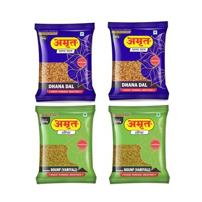 AMRUT Mukhwas Combo  Dhanadal (100g x 2) + Roasted Saunf (100g x 2) | Traditional Indian Digestive Mouth Freshener | After-Meal Snack | Pack of 4 | Total 400g